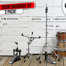 Load image into Gallery viewer, 3 PACK - Hi-Hat Stand, Kick Drum Pedal & Snare Stand Hardware Kit by GRIFFIN | Deluxe Full Size Percussion Chrome Hardware Set | Lightweight, Portable & Mobile, Perfect for Drummer Gigs