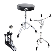 Load image into Gallery viewer, Single Kick Bass Pedal, Drum Throne & Snare Stand (3-Piece Set) by GRIFFIN - Double-Chain Foot Percussion Kit for Intense Play & Comfortable Drum Seat for Adults