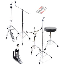 Load image into Gallery viewer, Complete Drum Hardware Pack 6 Piece Set by GRIFFIN - Full Kit Cymbal Stand, Drum Throne, Kick Pedal