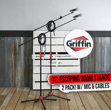 Load image into Gallery viewer, GRIFFIN Microphone Boom Stand, Cardioid Dynamic Mic, XLR Cable, & Clip (Pack of 2) - Telescoping Arm
