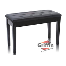 Load image into Gallery viewer, Premium Antique Black Piano Bench By Griffin - Solid Wood Frame & Luxurious, Comfortable PU Leather Padded Duet Double Seat Ergonomic Keyboard Stool With Storage Space, Durable & Sturdy, Vintage Design
