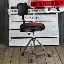 Load image into Gallery viewer, Saddle Drum Throne with Backrest Support by GRIFFIN - Padded Leather Drummer Motorcycle Biker Style
