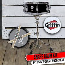 Load image into Gallery viewer, GRIFFIN Snare Drum Kit with Snare Stand, 2 Pairs of Drum Sticks & Drum Key | Wood Shell Drum Set