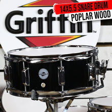 Load image into Gallery viewer, GRIFFIN Snare Drum - Poplar Wood Shell 14" x 5.5" with Black PVC & Coated Head - Acoustic Marching