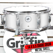 Load image into Gallery viewer, Metal Snare Drum by GRIFFIN - 14" x 5.5" inch Steel Chrome Shell - 8 Tuning Lugs & Snare Throw Off