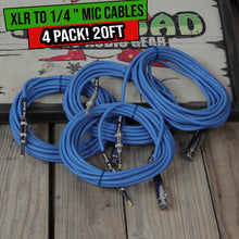 Load image into Gallery viewer, XLR Female to 1/4" Male Jack Microphone Cables (4 Pack) by FAT TOAD - 20ft Pro Audio Blue Mic Cord