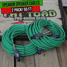 Load image into Gallery viewer, Speakon to Speakon Cables (2 Pack) by FAT TOAD - 50ft Professional Pro Audio Green Speaker PA Cord