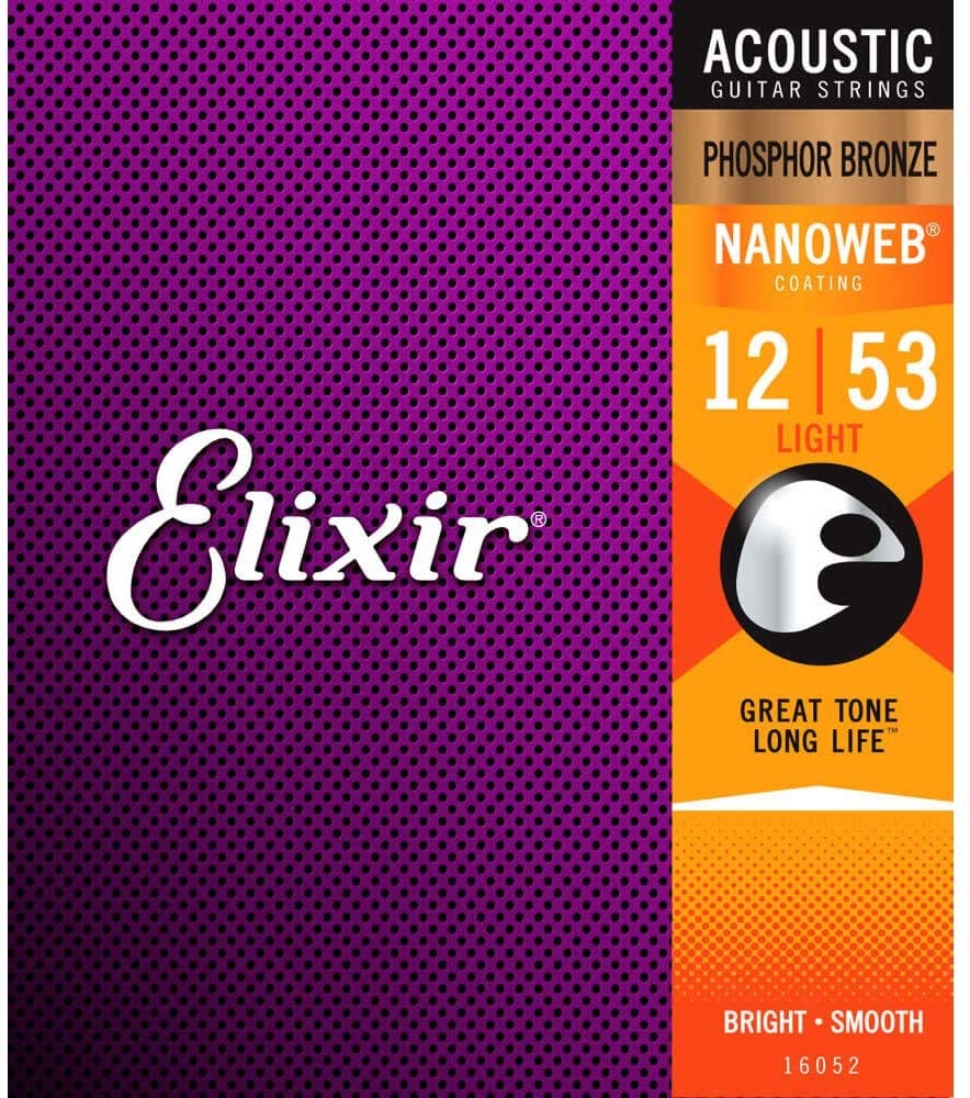 Elixir 16052 Strings Phosphor Bronze Acoustic Guitar Strings w NANOWEB Coating, Light (.012-.053)