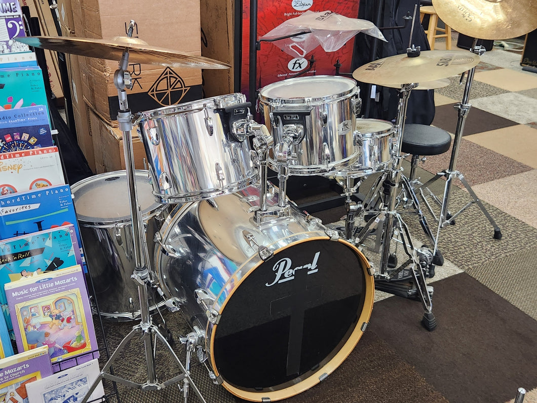 Pearl Export Series 5 Pc Drum Set with cymbals, stands, bass pedal and throne - USED