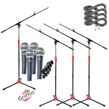 Load image into Gallery viewer, Microphone Stand with Telescoping Boom Arm, 20 Ft XLR Cable (Pack of 4) by GRIFFIN - Handheld Dynamic Mic &amp; Clip  - DJ Pro-Audio Cardioid Singing Mic
