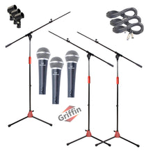 Load image into Gallery viewer, GRIFFIN Microphone Boom Stand &amp; Cardioid Wired Mic, XLR Cable, &amp; Clip (Pack of 3) - Telescoping Arm Holder, Tripod Legs - Karaoke Vocal Singing Stage
