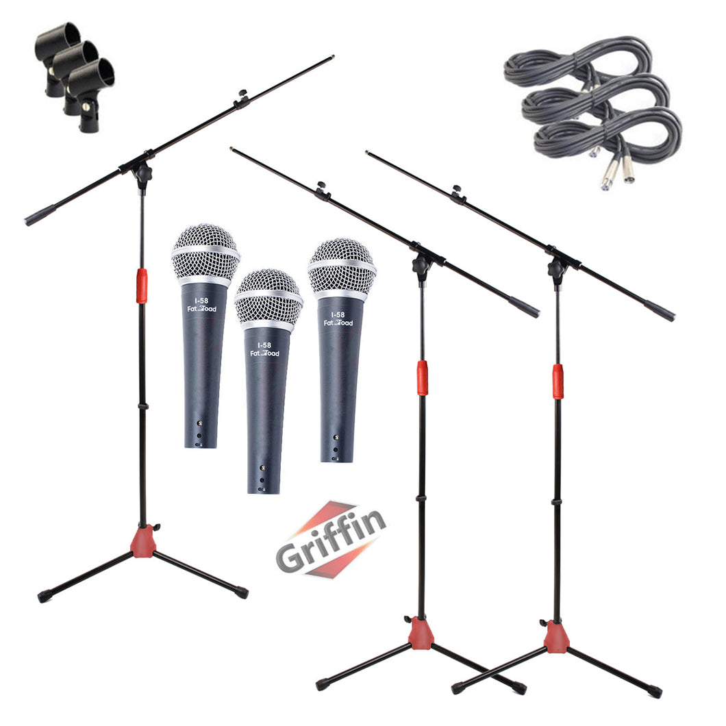GRIFFIN Microphone Boom Stand & Cardioid Wired Mic, XLR Cable, & Clip (Pack of 3) - Telescoping Arm Holder, Tripod Legs - Karaoke Vocal Singing Stage
