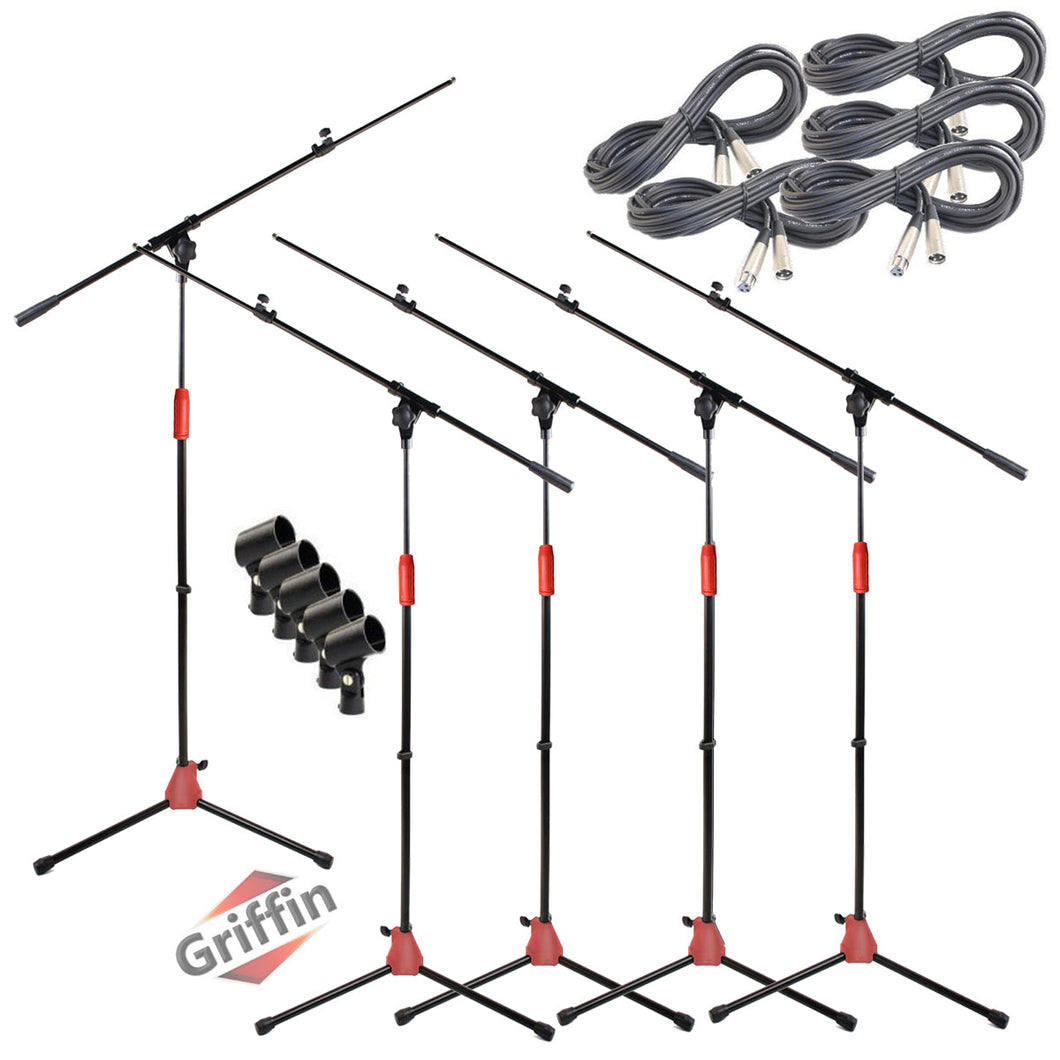 GRIFFIN Microphone Stand (Pack of 5) with XLR Cables & Mic Clip - Telescoping Boom Arm Tripod Legs