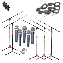 Load image into Gallery viewer, GRIFFIN Microphone Stand Package of 5 with Vocal Unidirectional Handheld Mics &amp; XLR Cables
