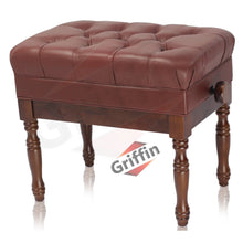 Load image into Gallery viewer, Genuine Leather Adjustable Piano Bench by GRIFFIN - Brown Solid Wood Vintage Design, Heavy-Duty
