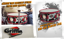 Load image into Gallery viewer, GRIFFIN Snare Drum Birch Wood Shell 14 X 6.5 Inch - Oversize 2.5&quot; Large Vents &amp; Custom Graphic Wrap
