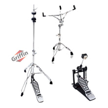 Load image into Gallery viewer, 3 PACK - Hi-Hat Stand, Kick Drum Pedal &amp; Snare Stand Hardware Kit by GRIFFIN | Deluxe Full Size Percussion Chrome Hardware Set | Lightweight, Portable &amp; Mobile, Perfect for Drummer Gigs
