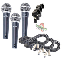 Load image into Gallery viewer, Dynamic Vocal Microphones with XLR Mic Cables &amp; Clips (3 Pack) by FAT TOAD - Cardioid Handheld
