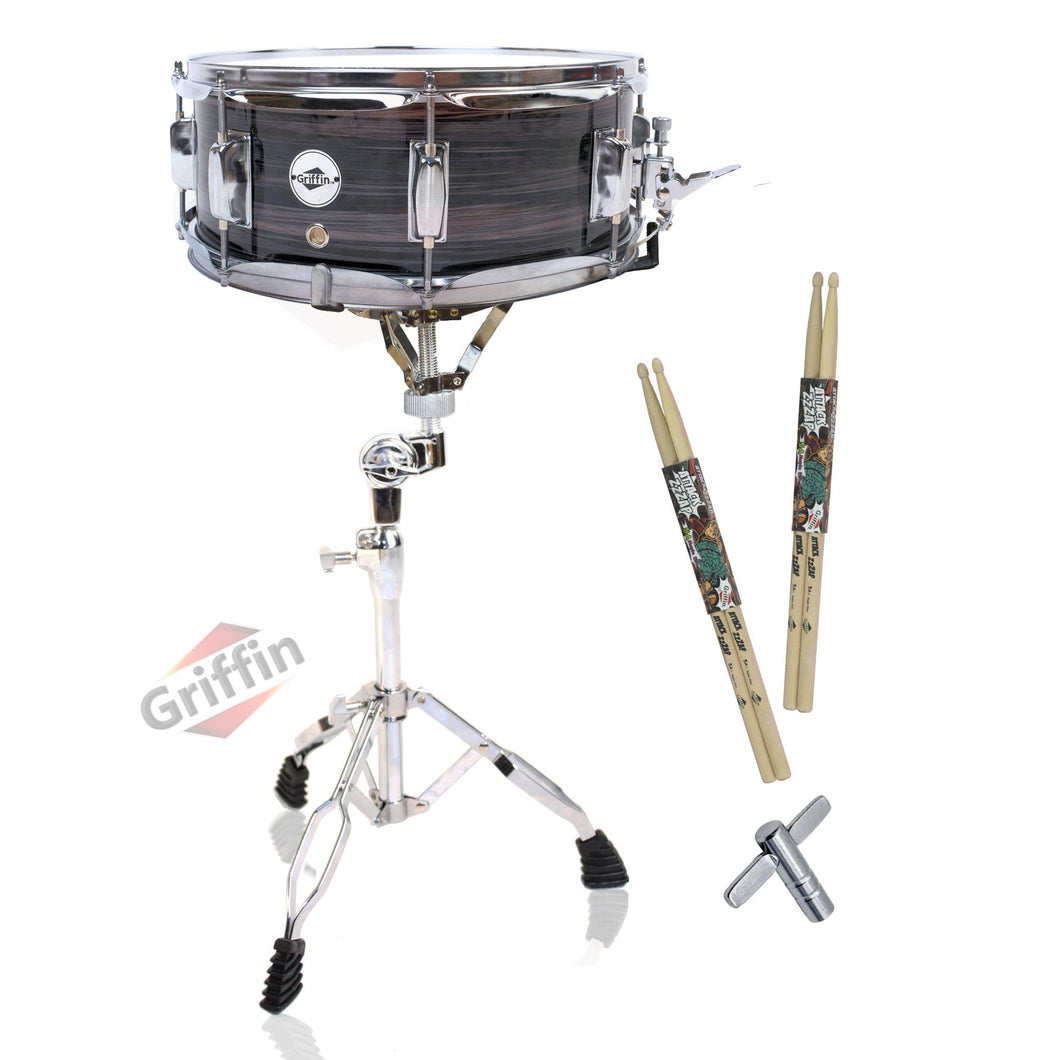 Snare Drum Kit by GRIFFIN | Includes Snare Stand, 2 Pairs of Maple Drum Sticks & Drum Key | 14