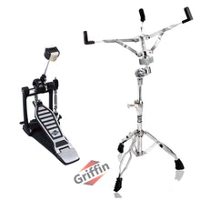 Load image into Gallery viewer, Single Kick Bass Drum Pedal &amp; Snare Drum Stand Package (2-Piece Kit) by Griffin -Deluxe Double-Chain Foot Percussion Kit with 4-Sided Beater &amp; Adjustable Power Cam System for Intense Play
