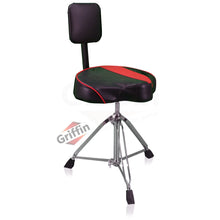 Load image into Gallery viewer, Saddle Drum Throne with Backrest Support by GRIFFIN - Padded Leather Drummer Motorcycle Biker Style
