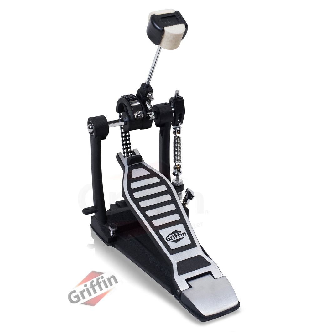 Single Kick Bass Drum Pedal by GRIFFIN - Deluxe Double Chain Foot Percussion Hardware for Intense Play - 4 Sided Beater & Adjustable Power Cam System