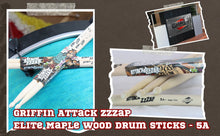 Load image into Gallery viewer, GRIFFIN Attack Zzzap Drum Sticks - 4 Pairs of Select Elite Maple Wood Size 5A - Premium Balanced
