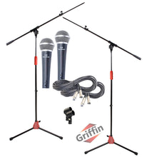 Load image into Gallery viewer, GRIFFIN Microphone Boom Stand, Cardioid Dynamic Mic, XLR Cable, &amp; Clip (Pack of 2) - Telescoping Arm
