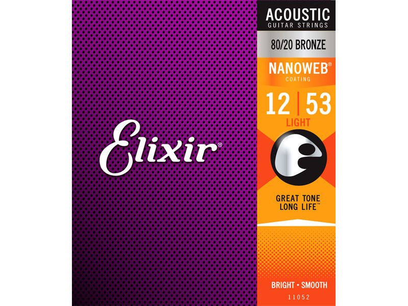 Elixir Strings 11052 80/20 Bronze Acoustic Guitar Strings w NANOWEB Coating, Light (.012-.053)