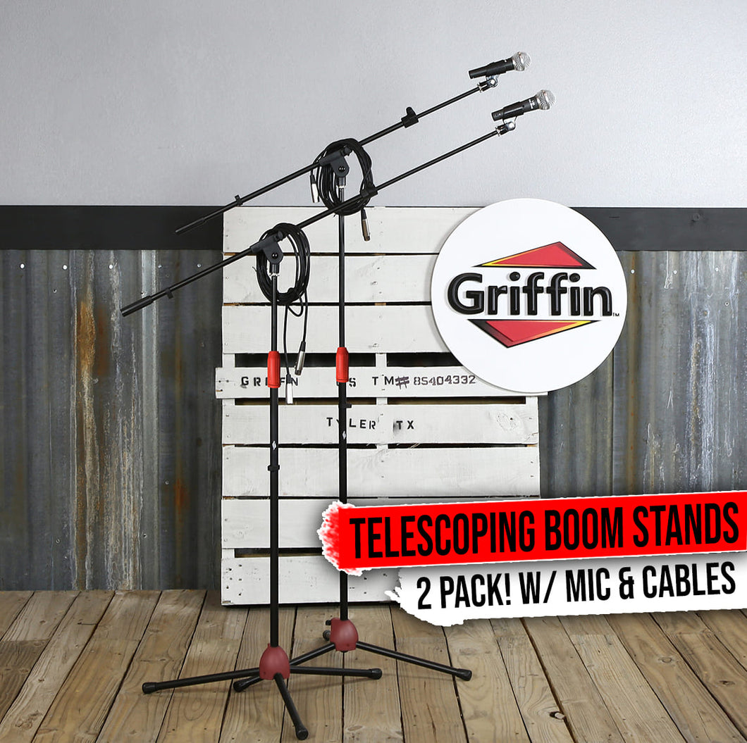 GRIFFIN Microphone Boom Stand, Cardioid Dynamic Mic, XLR Cable, & Clip (Pack of 2) - Telescoping Arm