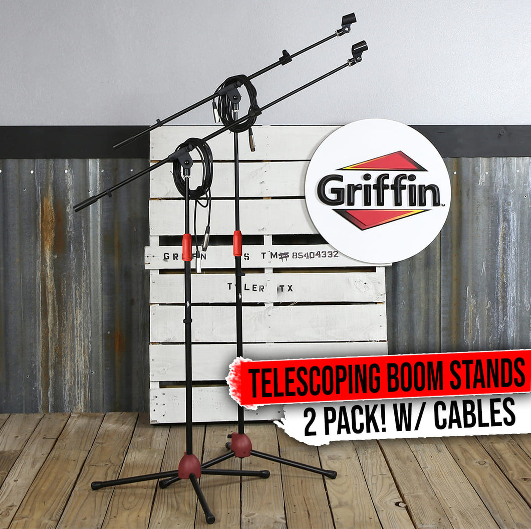 Tripod Microphone Boom Stand with XLR Mic Cable & Clip (Pack of 2) by GRIFFIN - Telescoping Arm
