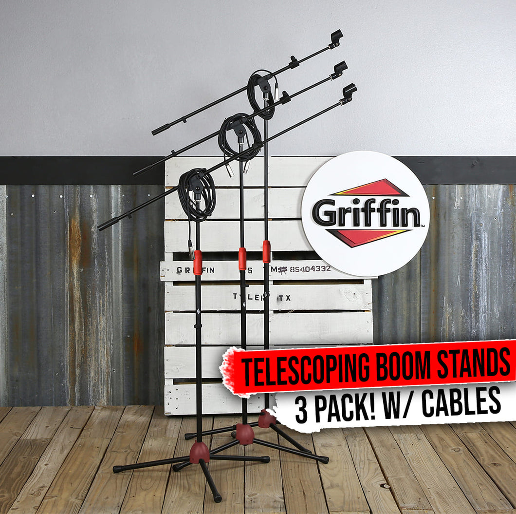 Microphone Boom Stand with XLR Mic Cable & Clip (Pack of 3) by GRIFFIN - Telescoping Arm Tripod Legs