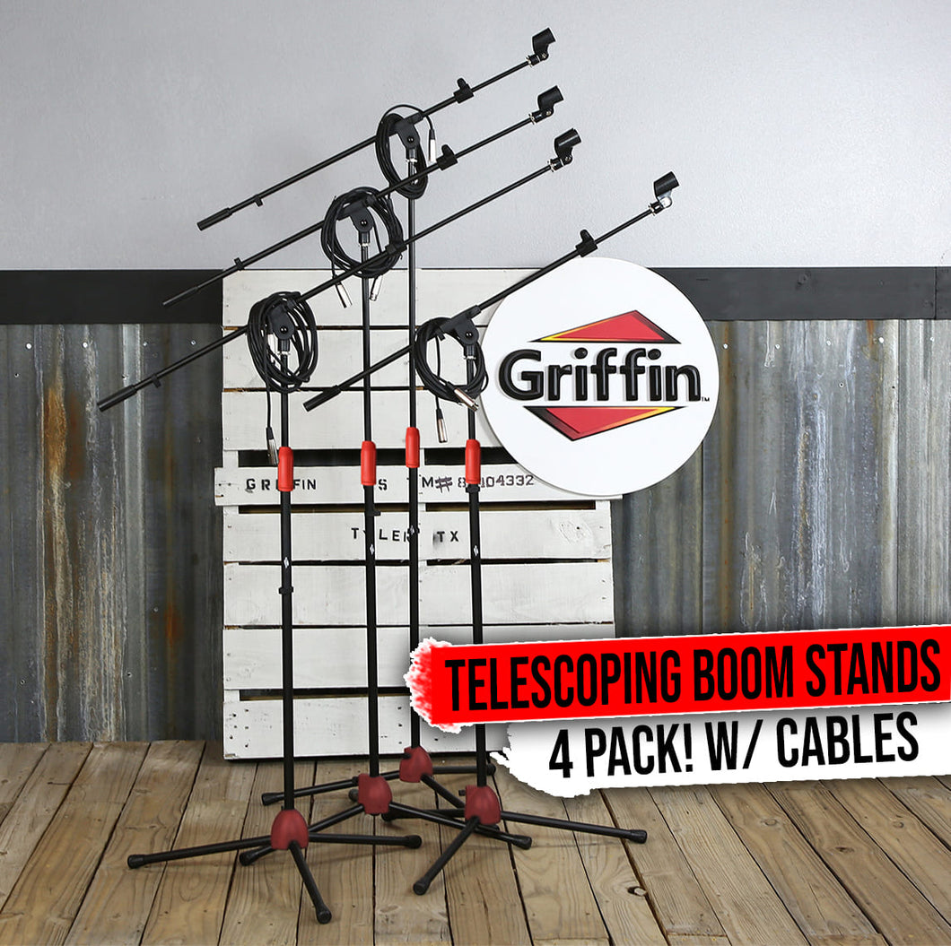 Telescoping Tripod Microphone Boom Stand with XLR Mic Cable & Clip (Pack of 4) by GRIFFIN