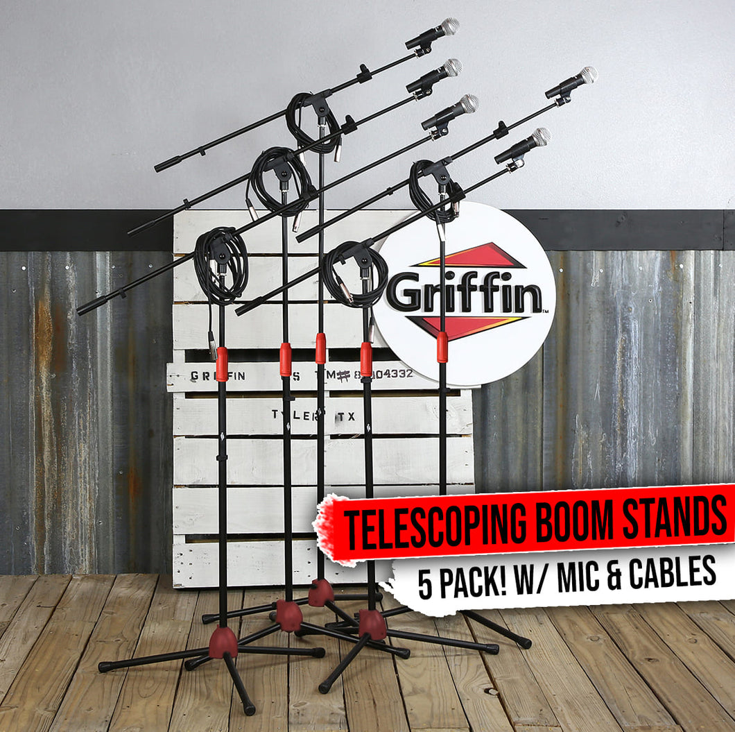 GRIFFIN Microphone Stand Package of 5 with Vocal Unidirectional Handheld Mics & XLR Cables