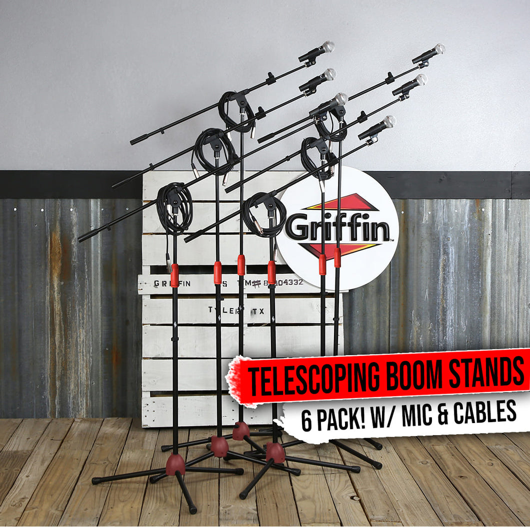 Microphone Boom Stand (GRIFFIN 6 Pack) with Cardioid Vocal Microphones & XLR Mic Cables For Karaoke