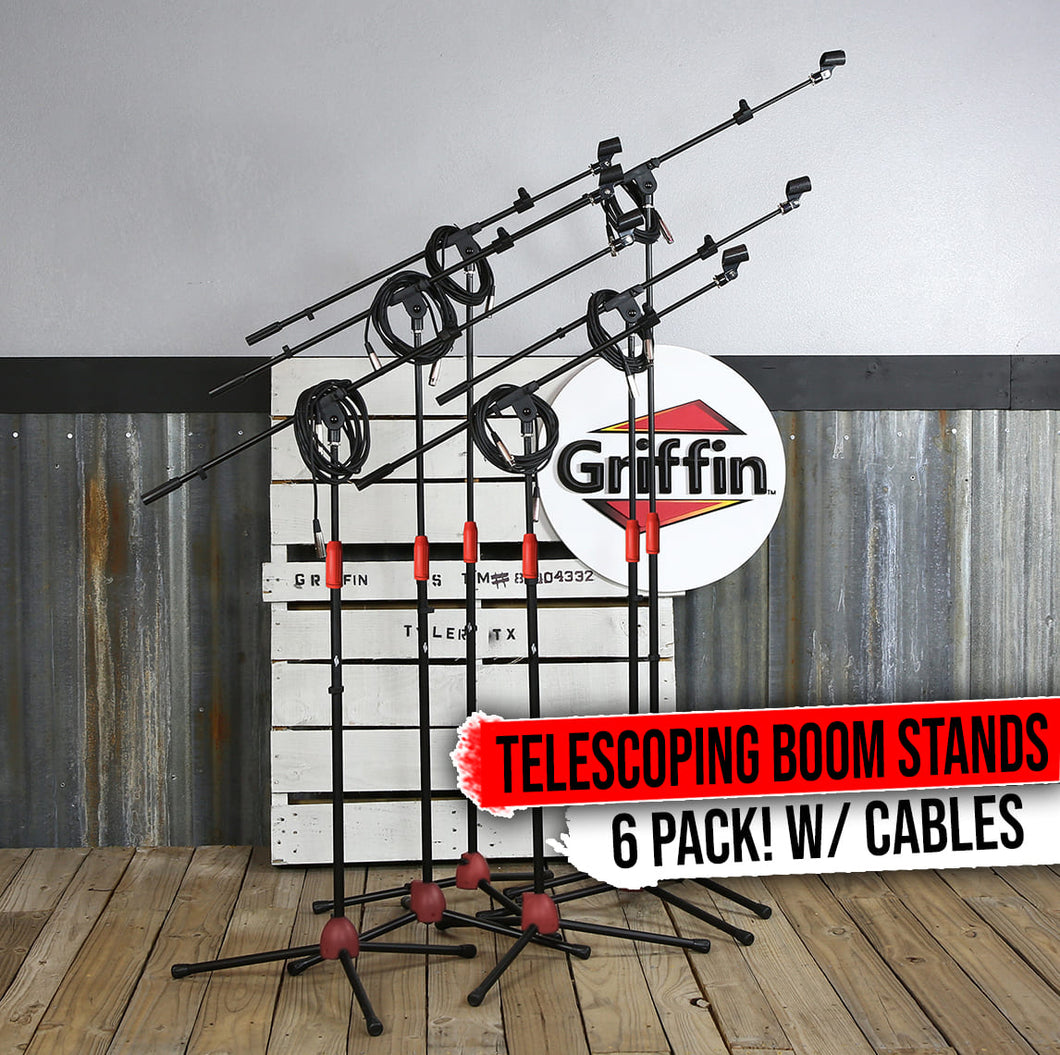 GRIFFIN Microphone Boom Stand (Pack of 6) with XLR Cables & Mic Clip - Telescopic Arm Tripod Legs