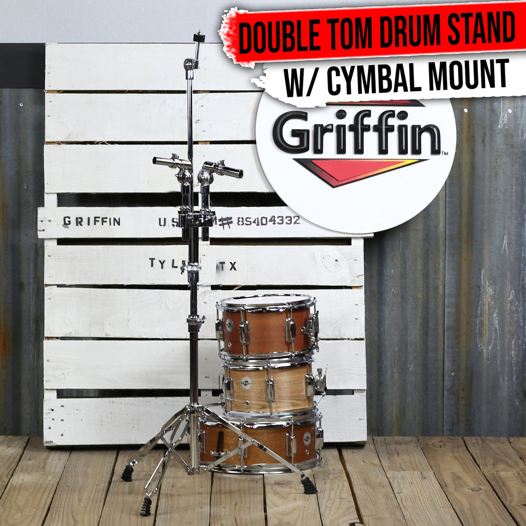 Double Tom Drum Stand with Cymbal Arm by GRIFFIN - Drummers Percussion Set Hardware Kit