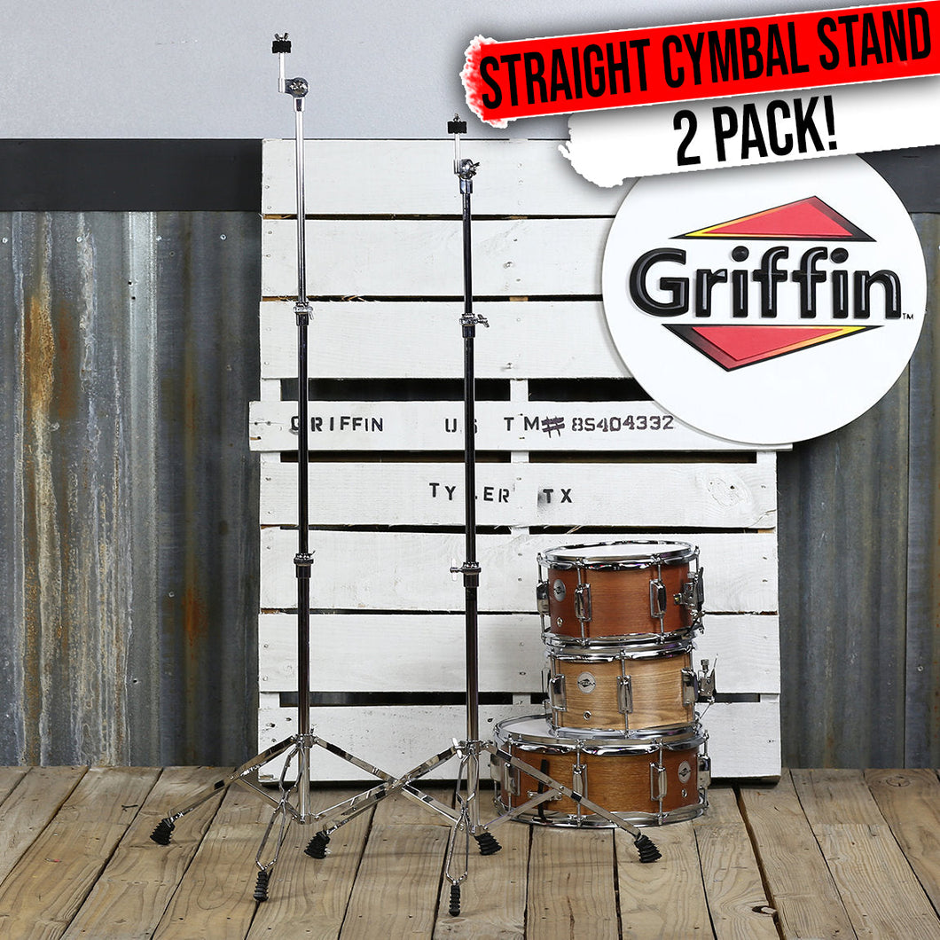Straight Cymbal Stand (2 Pack) by GRIFFIN - Double Braced Legs, Slip-Proof Gear Holder - Light-Duty