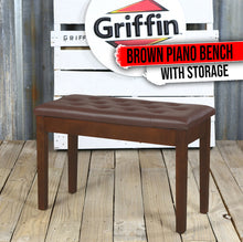 Load image into Gallery viewer, GRIFFIN Brown Wood PU Leather Piano Bench - Double Vintage Design, Ergonomic Chair Musician Keyboard
