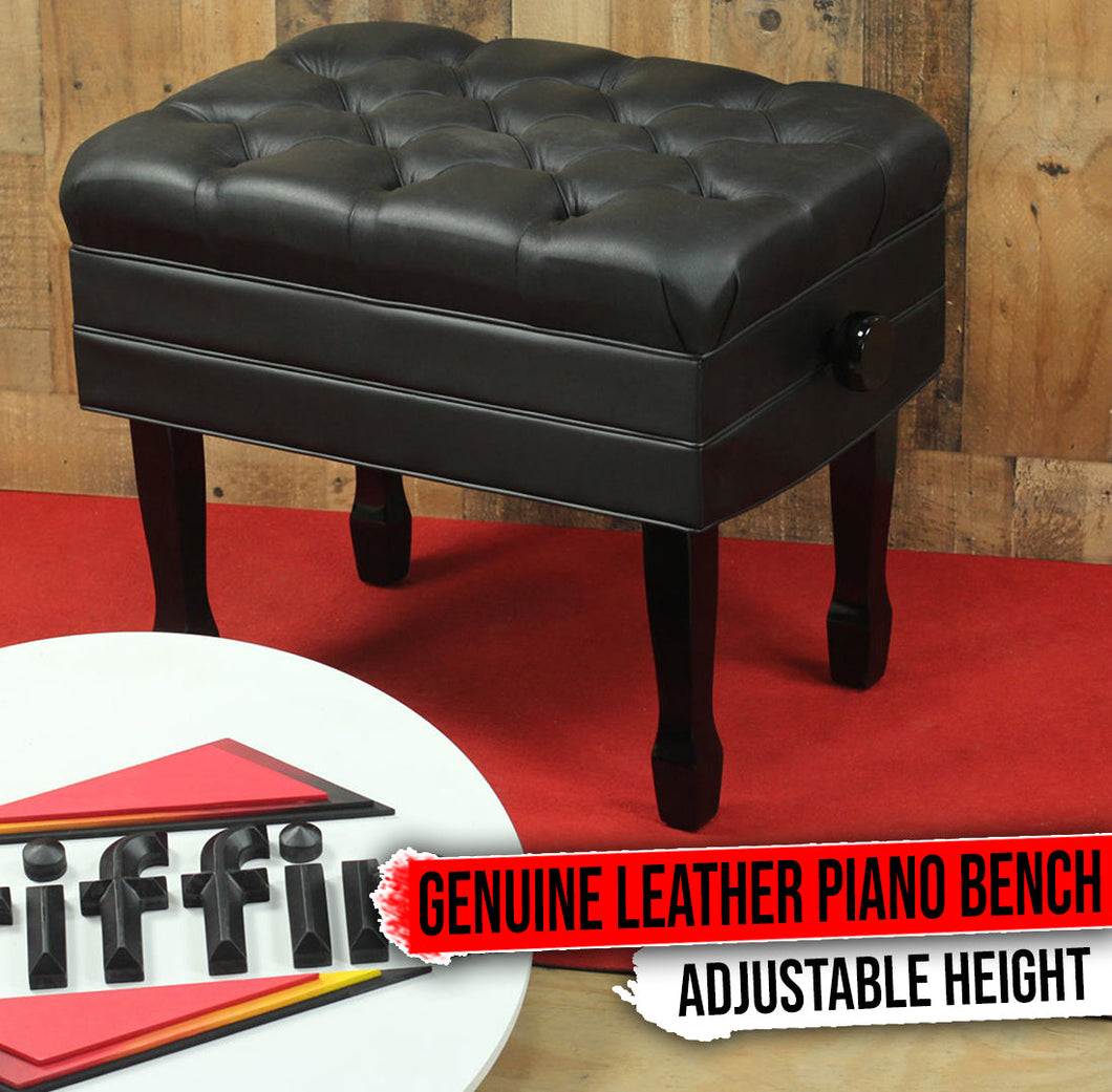 Genuine Leather Adjustable Piano Bench by GRIFFIN - Black Solid Wood Vintage Style & Heavy-Duty