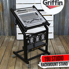 Load image into Gallery viewer, Rack Mount Rolling Stand &amp; Adjustable Mixer Platform Rails by GRIFFIN - Music Studio 19U Cart Holder
