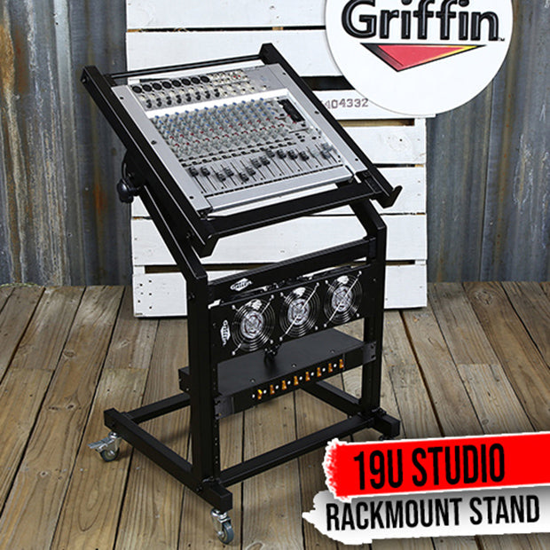 Rack Mount Rolling Stand & Adjustable Mixer Platform Rails by GRIFFIN - Music Studio 19U Cart Holder