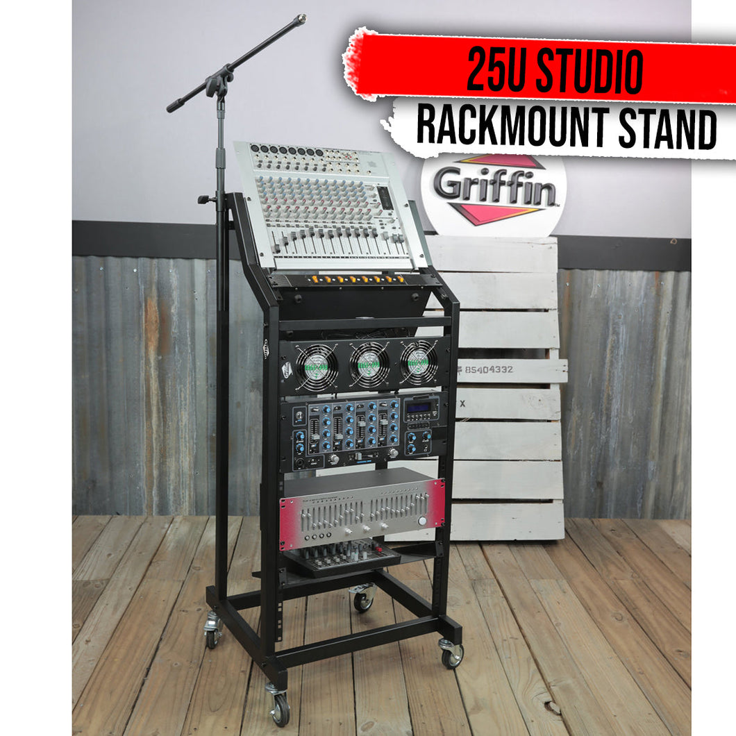 GRIFFIN Rack Mount Cart Stand & Top Mixer Platform 25U - Rolling Music Studio Booth Case Holder