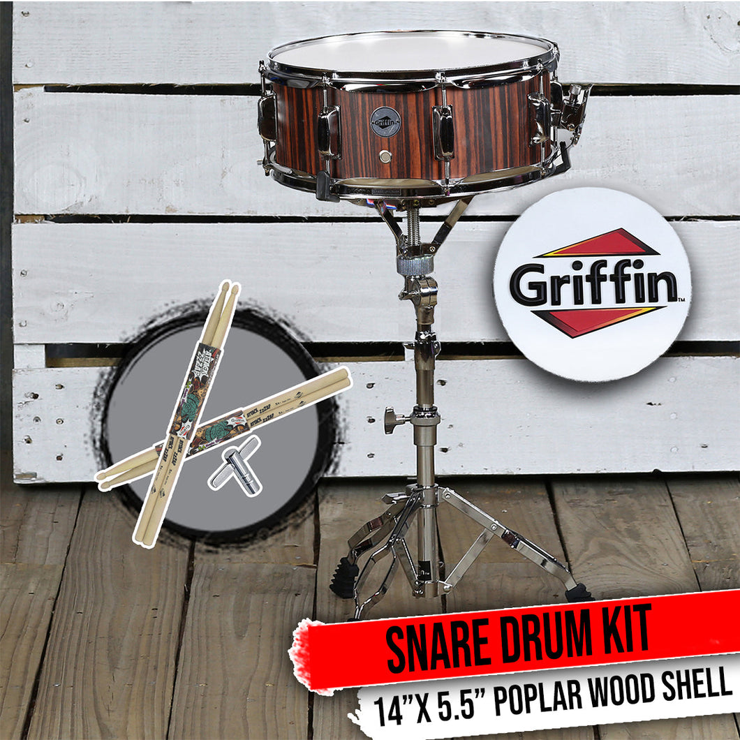 Snare Drum Set by GRIFFIN - Snare Stand, 2 Pairs of Maple Drum Sticks & Drum Key Wood Shell