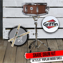 Load image into Gallery viewer, GRIFFIN Snare Drum Package with Snare Stand, 2 Pairs of Drum Sticks &amp; Drum Key Snare Kit
