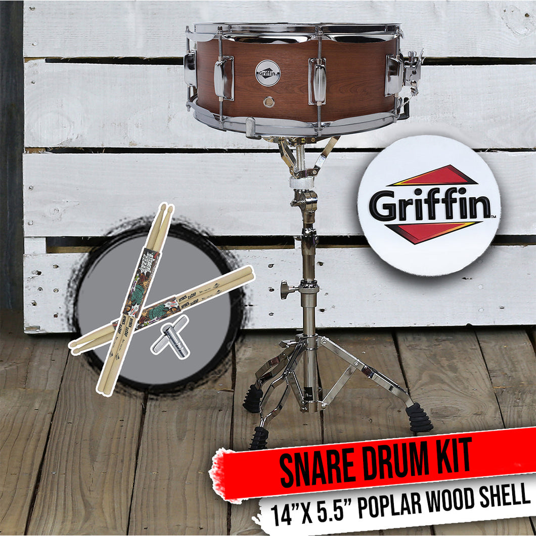 GRIFFIN Snare Drum Package with Snare Stand, 2 Pairs of Drum Sticks & Drum Key Snare Kit