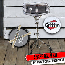 Load image into Gallery viewer, 14&quot; x 5.5&quot; Snare Drum Kit by GRIFFIN | Includes Snare Stand 2 Pairs of Maple Drum Sticks &amp; Drum Key
