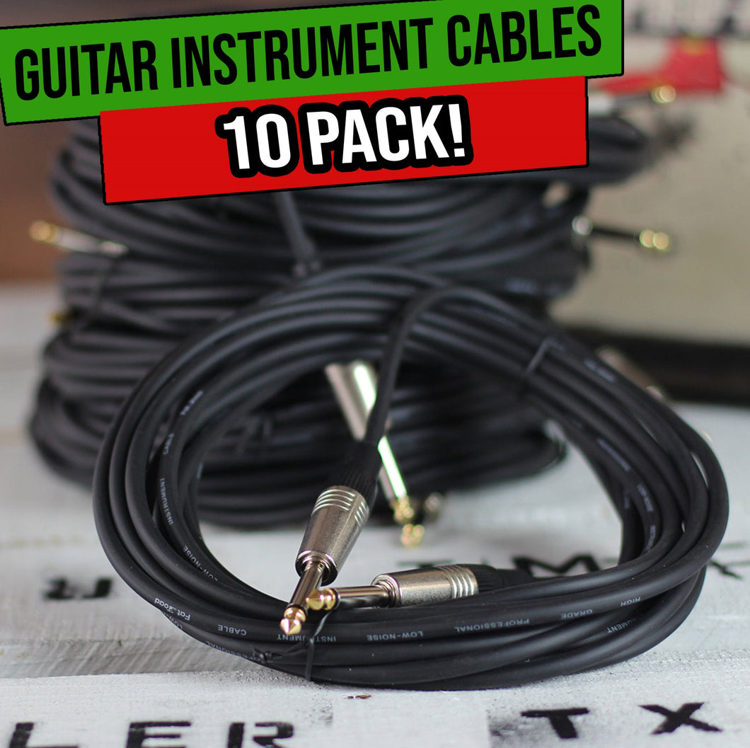 Guitar Cables (10 Pack) Instrument Cord by FAT TOAD - 24 AWG Patch Conductor for Electric Guitar