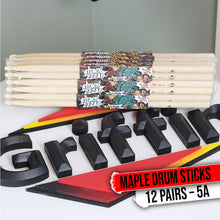 Load image into Gallery viewer, 12 Pairs of Select Elite Maple Wood Drum Sticks by GRIFFIN Attack Zzzap - Size 5A Premium Balanced
