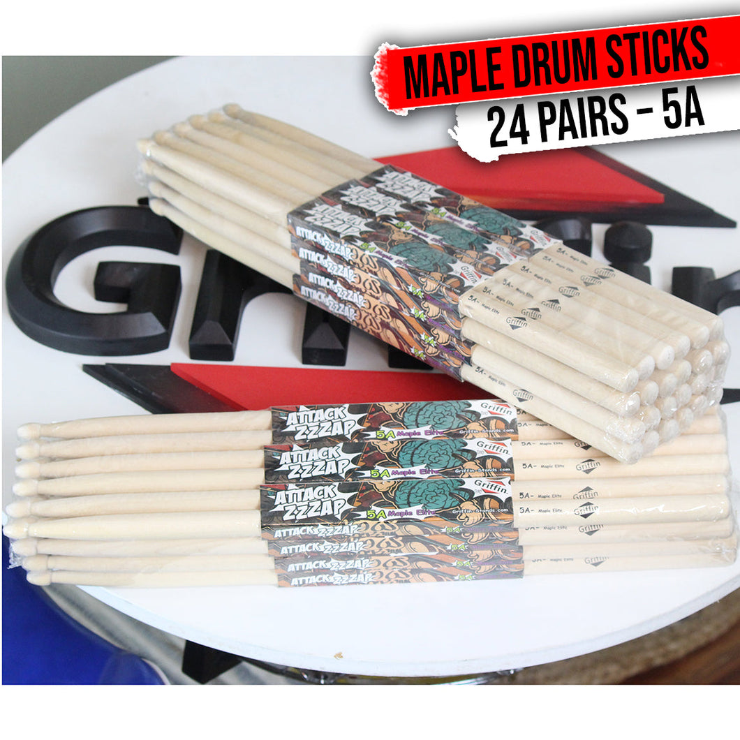 GRIFFIN Attack Zzzap Drum Sticks - 24 Pairs of Select Elite Maple Wood Size 5A Drummers Percussion